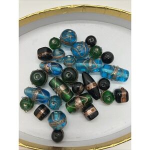 Vtg. Variety Fancy Lampwork Gold Foil Molded Glass Beads Black/Blue/Green Lot 29